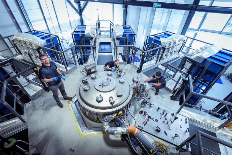 First Light Fusion’s 'Machine 3.' The blue boxes grouped around the target chamber are high-voltage capacitors, Photo: First Light Fusion